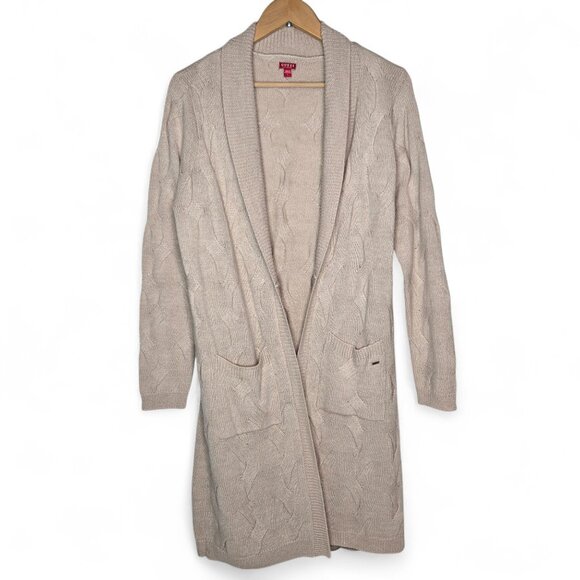 Guess Woven Cable Knit Long Cardigan Sweater Women's Shawl Collar Drop Pocket L - Picture 1 of 6